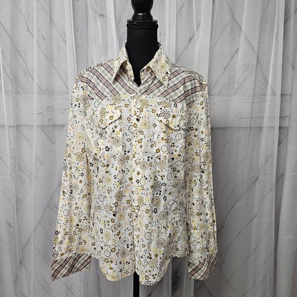 Spy Henry Lau Yellow Blue Floral Plaid Western Button Down Blouse Size L - Picture 13 of 13